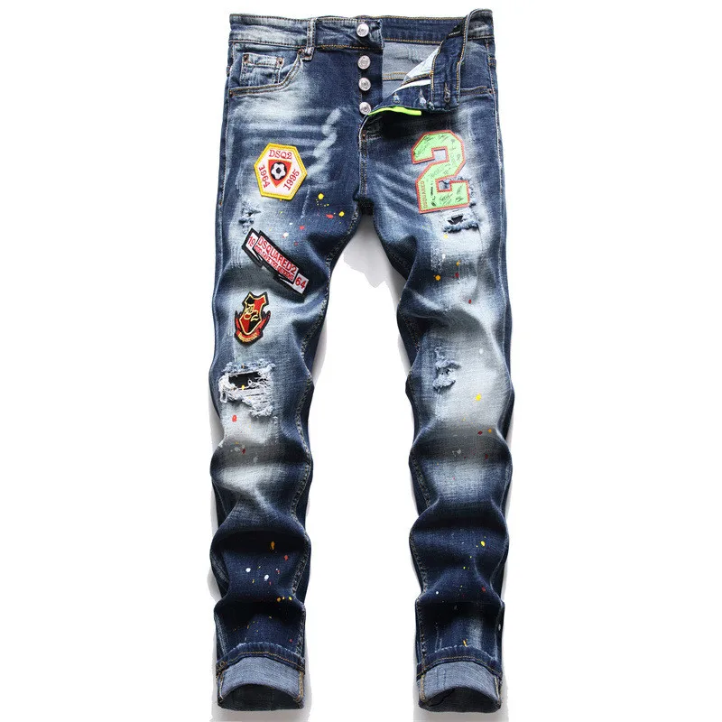

KIMSERE мужские модные брендовые дизайнерские рваные джинсы брюки с нашивками облегающие состаренные джинсовые брюки потертые синие дырки