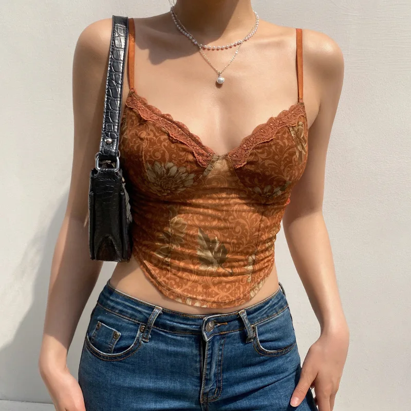 

Women’s Fashion Mesh Pattern Print Camisole Sexy Lace Trim V-neck Lace Patchwork Exposed Navel Suspender Tops
