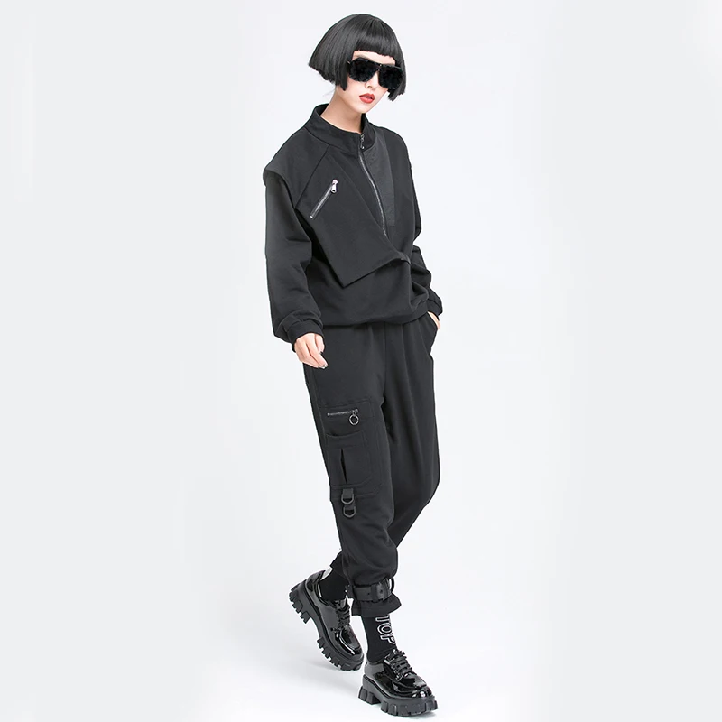 

[EAM] High Elastic Waist Black Pocket Long Harem Trousers New Loose Fit Pants Women Fashion Tide Spring Autumn 2021 1DD6057