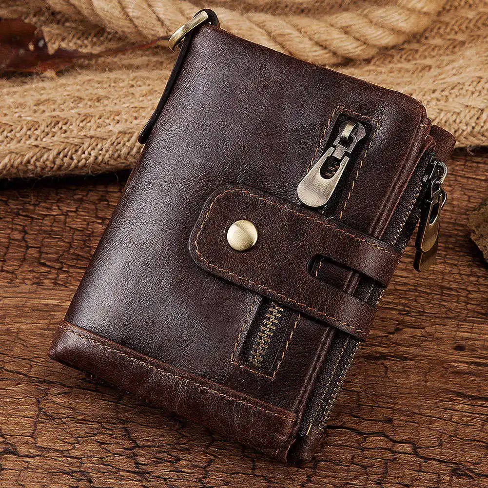 

2021 Fashion Men Wallet 100% Genuine Leather Coin Purse Small Mini Card Holder Chain PORTFOLIO Portomonee Male Walet Pocket