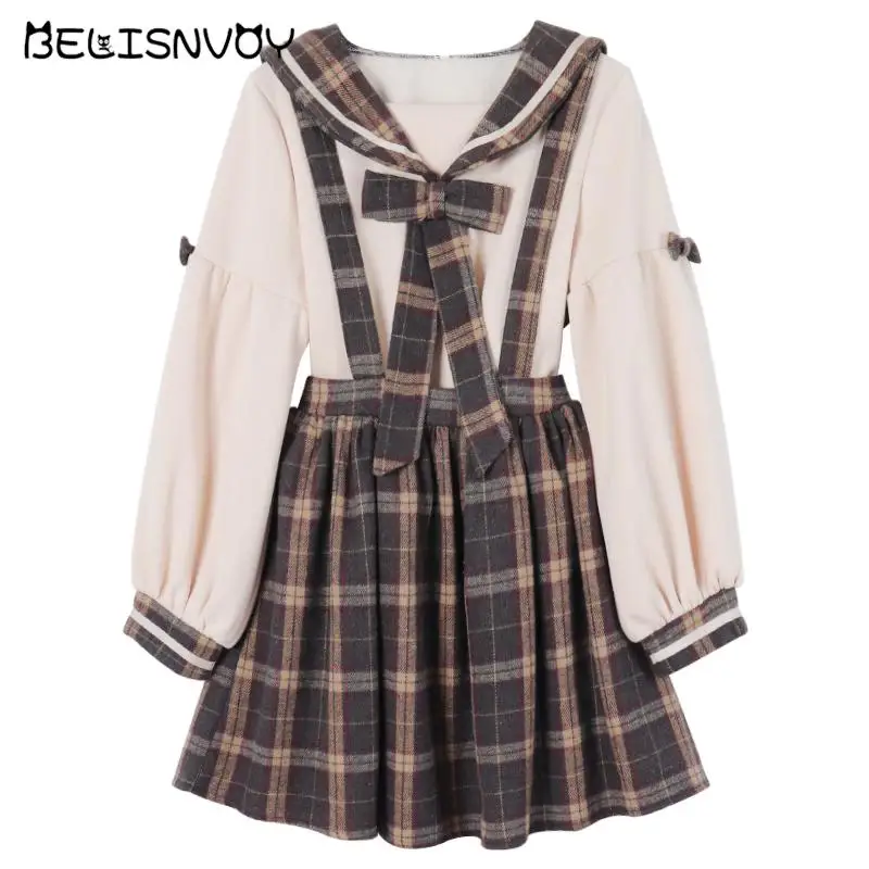 

Spring 2021 Women's Japanese Sweet Student Sweater+High Waist Plaid Skirt+Casual Bib Fashion Preppy Style Set