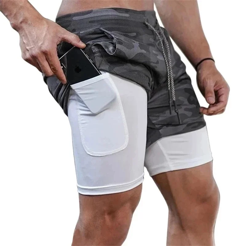 

Double layer Jogger Shorts Men 2 in 1 Short Pants Gyms Fitness Built-in pocket Bermuda Quick Dry Beach Shorts Male Sweatpants