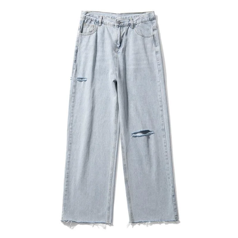 

IEFB Summer Men's Wide-leg Jeans Light Blue Casual Ripped Hole Leg Denim Trousers Korean Streetwear Loose Long Pants 2021 9Y8217