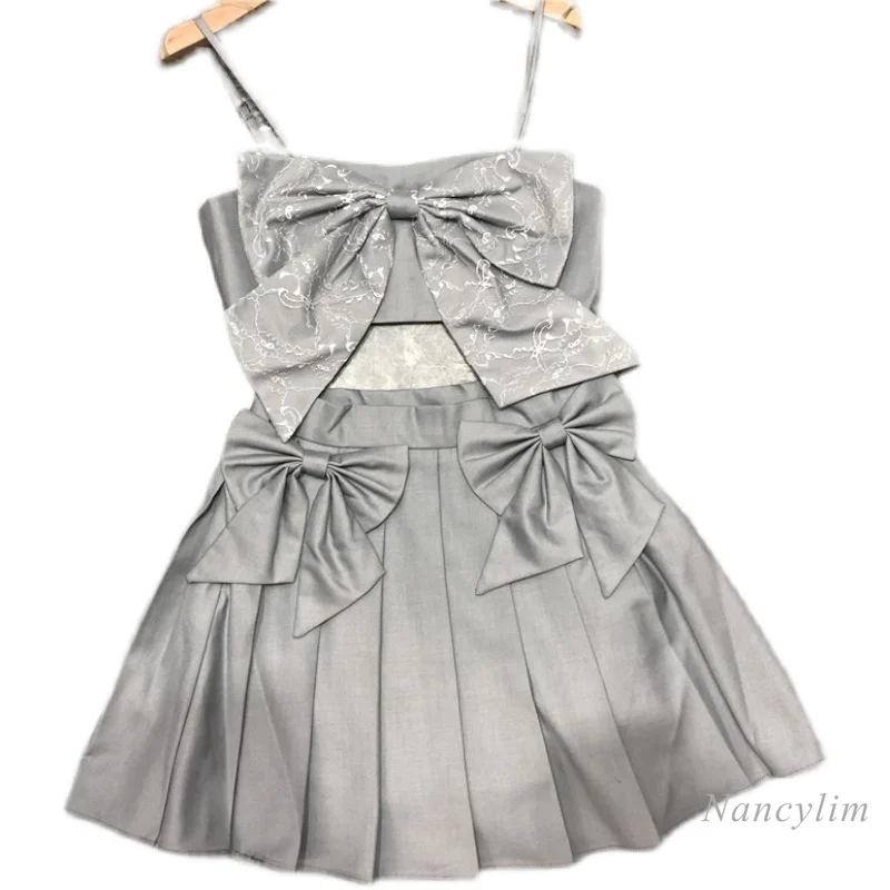 

Summer Two Piece Sets for Women New Fashion Outfit Three-Dimensional Bow Suspenders Top with High Waist Pleated Skirt
