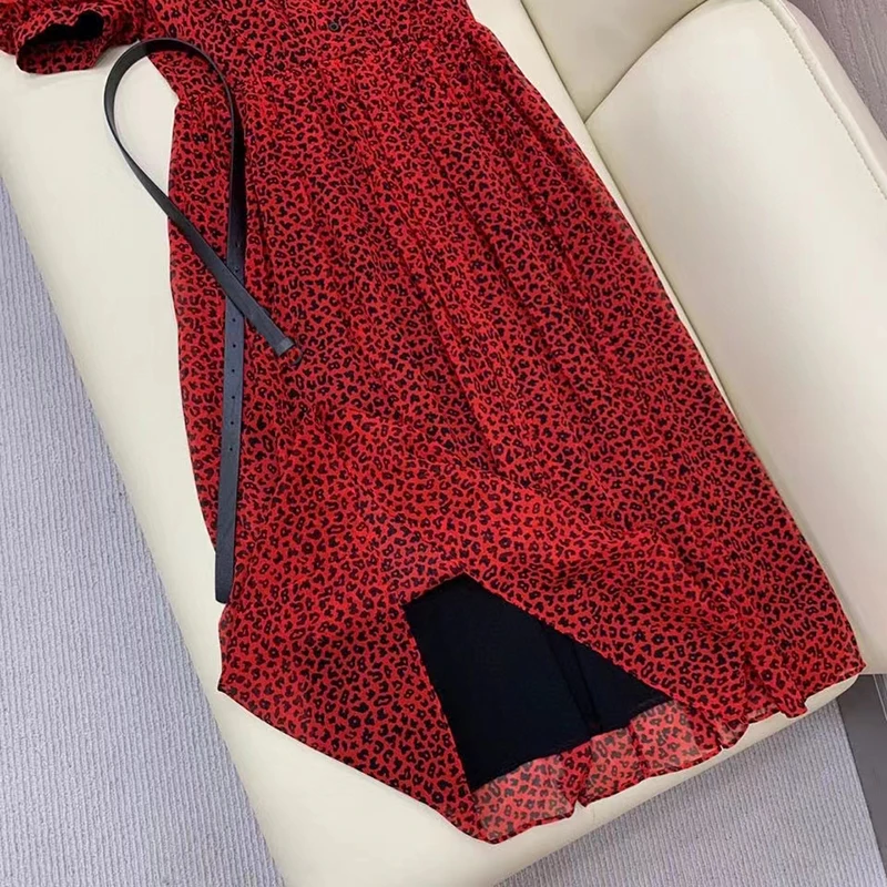 

Designer Fashion Summer 100% Silk Dress Women High Quality Elegant Short Sleeve Red Printed Dresses
