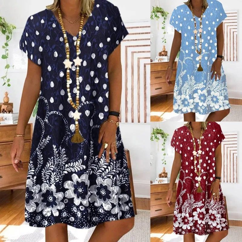 Women's floral print V-neck short sleeve dress plus size summer chiffon knee length dresses casual beach 4XL XXXL | Женская одежда