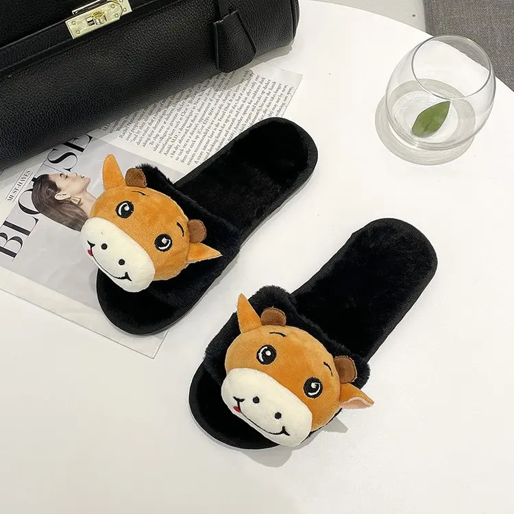 2021  Autumn and Winter Home Ladies Cotton Slippers Cute Calf Knot Decoration Comfortable Slippers Female Furry Slippers Female