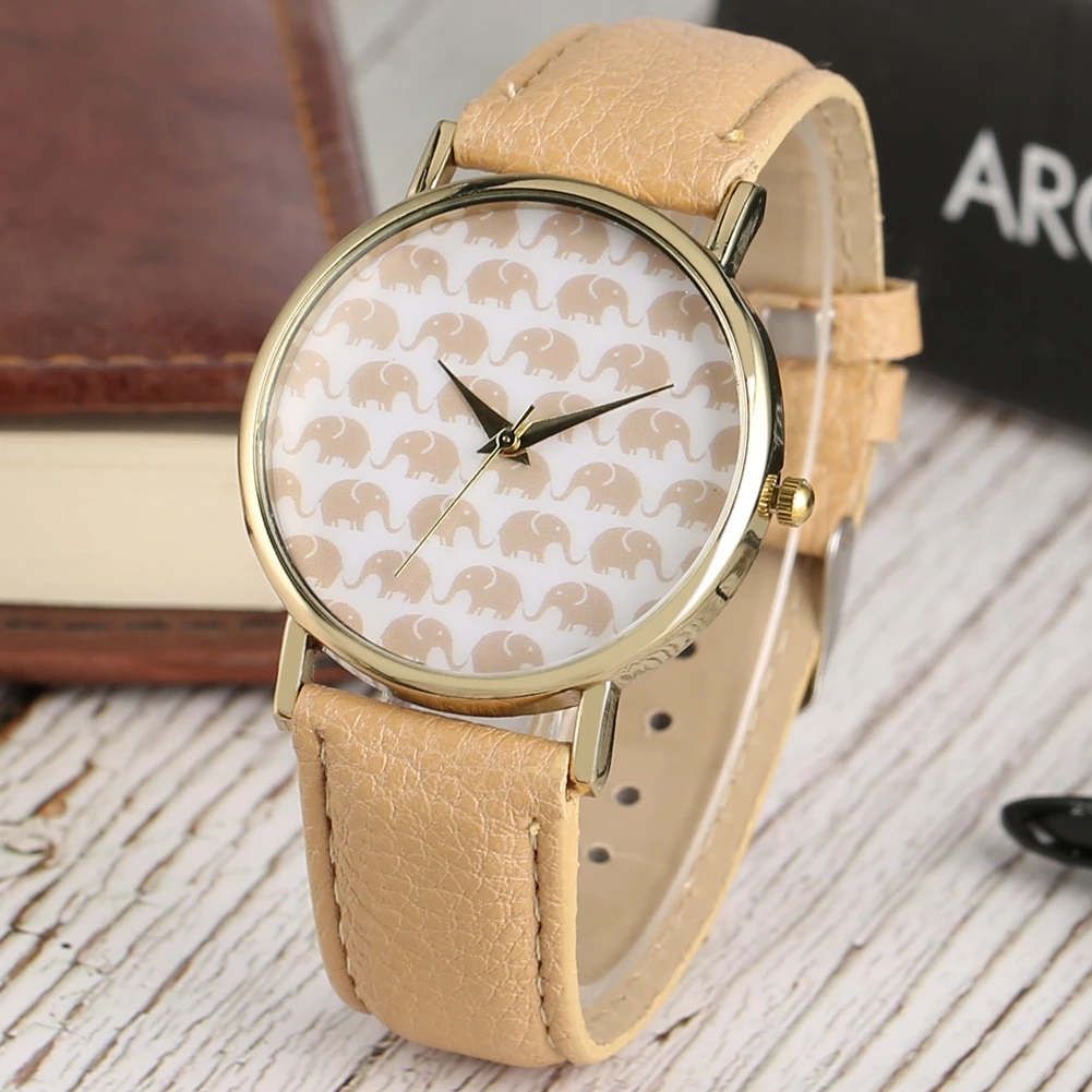 

Men Wristwatch Brown Soft Watchband Lovely Elephant Pattern Minimalist Quartz Dial Precise Pin Buckle Gentle Watch Husband Gift