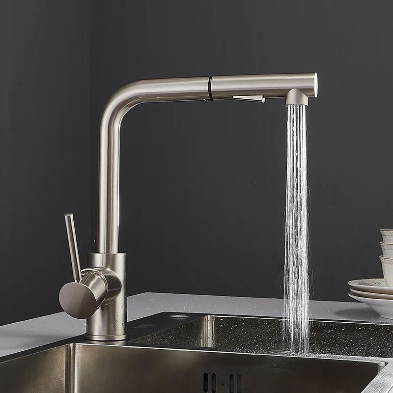 Поворотный кухонный кран латунный никель Высокий арочный для раковины выдвижной