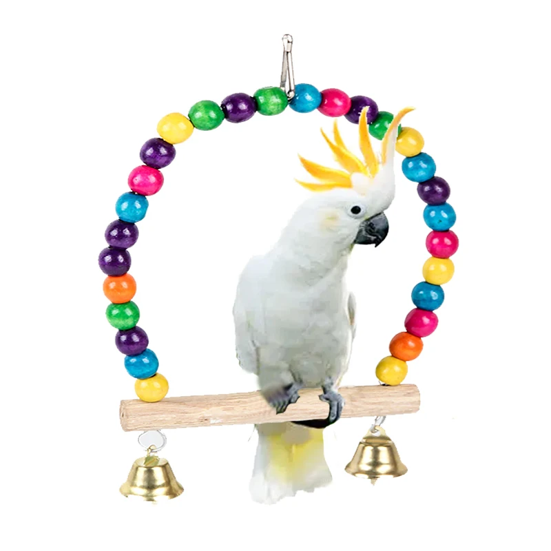 

2 Size Colorful Beads Parrots Swing Toy Natural Wooden Birds Perch Hanging Swings Cage With Bells Toys Bird Supplies Oiseaux
