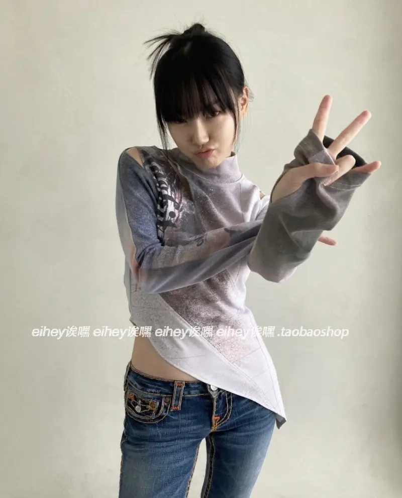 Harajuku Spring New Retro Y2K Anime Semi-high Collar Irregular Hollow Out Design Long-sleeved Top Hot Girls Punk Goth Tee Shirt
