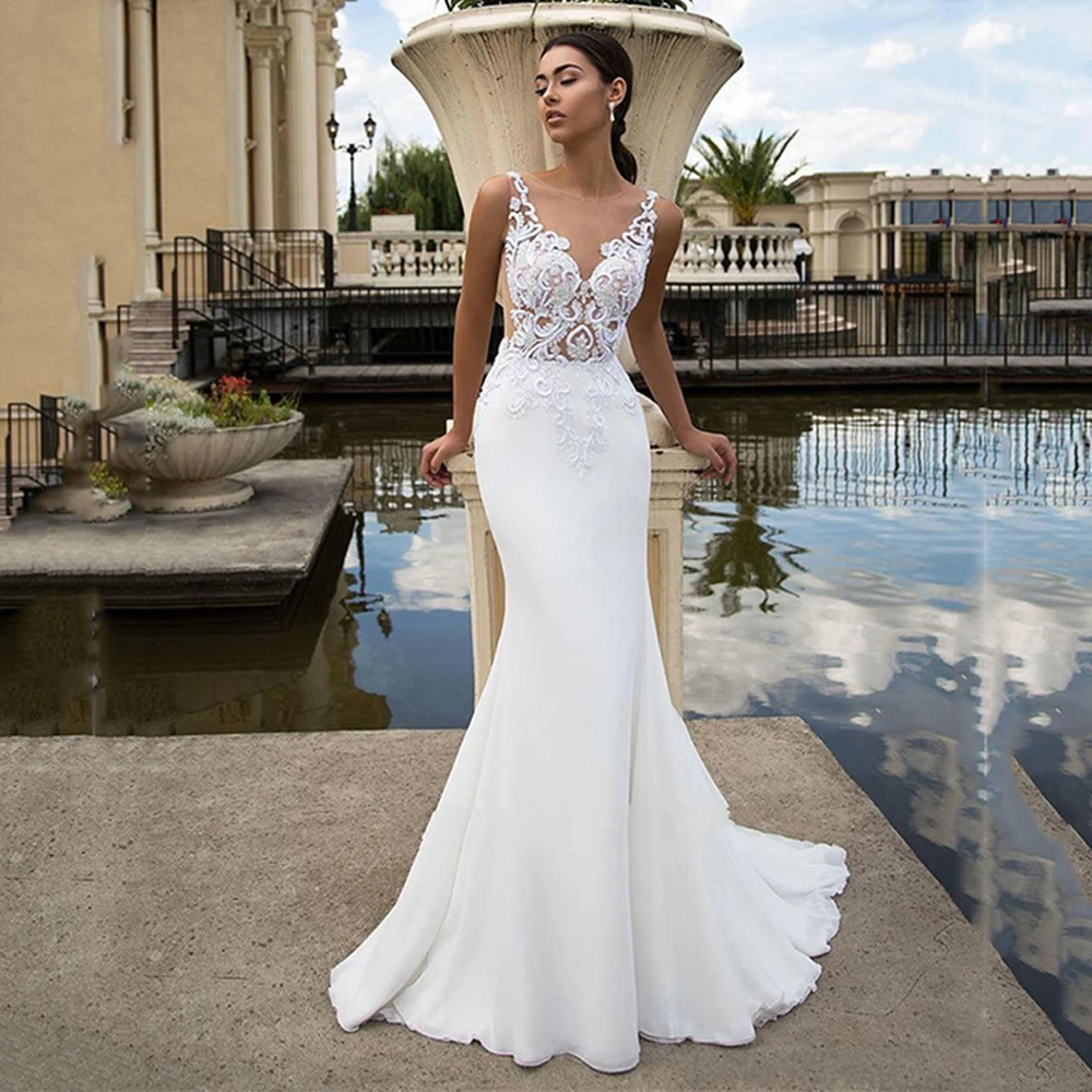 

Vestidos Sexy Wedding Dresses Jersey Appliques Pleat Bateau Sleeveless Covered Button Mermaid Bridal Gowns Novia Do 2021