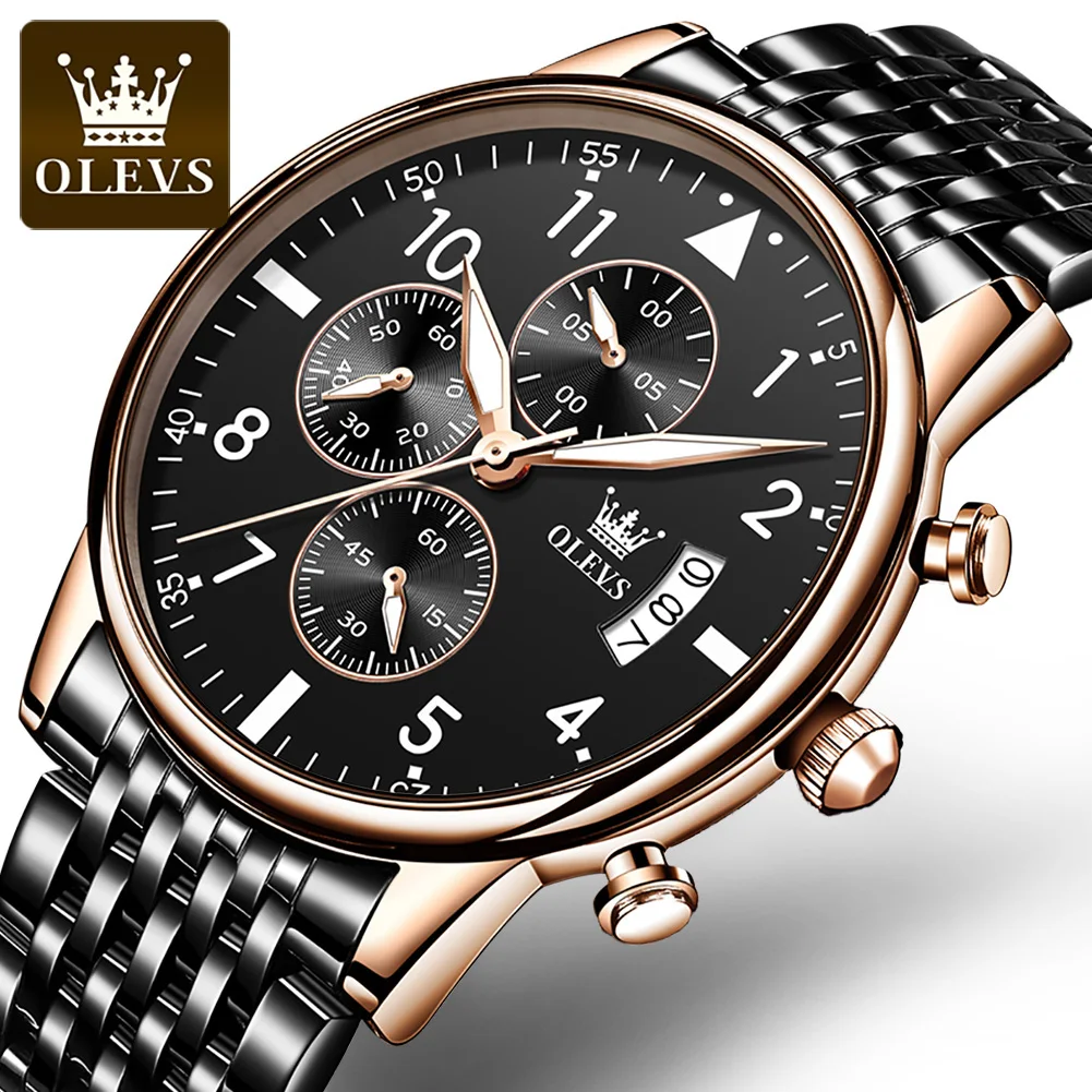 

OLEVS Top Brand Men Watches Black Steel Strap Luxury Waterproof Sport Quartz Chronograph Military Watch Men Clock Reloj Hombre