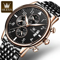 olevs top brand men watches black steel strap luxury waterproof sport quartz chronograph military watch men clock reloj hombre