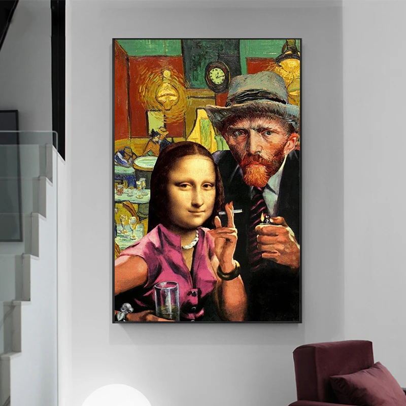

Funny Art Mona Lisa and Van Gogh Smoking Canvas Paintings Wall Art Posters and Prints Da Vinci Famous Paintings for Living Room