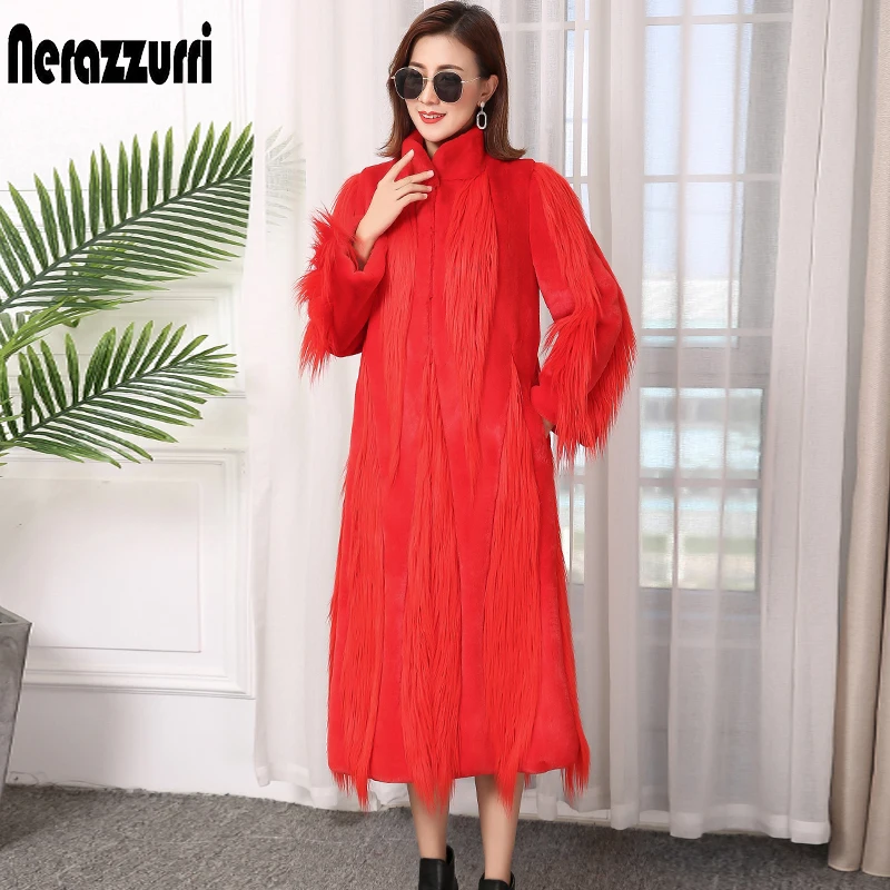 Nerazzurri Winter red long thick warm faux fur coat women Elegant patchwork overcoat fluffy outerwear fashion | Женская одежда