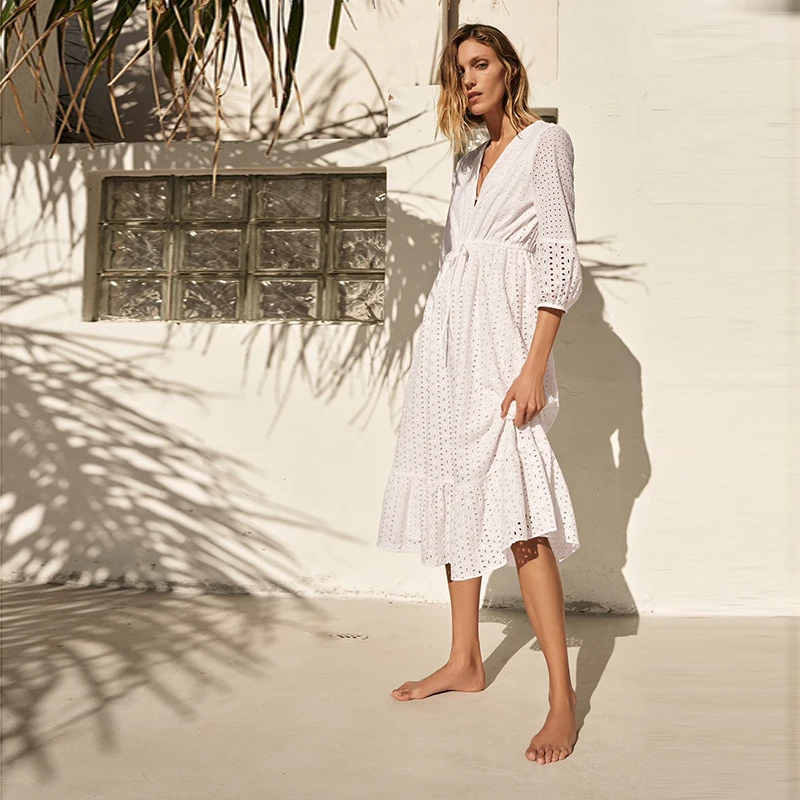 

Женское Хлопковое платье до середины икры, кружевное платье с вышивкой и глубоким V-образным вырезом, с рукавами-фонариками и высокой талией...