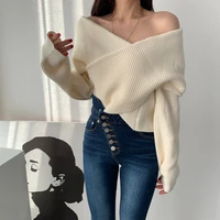 qiu dong korean little personality sweater cashmere contracted warm warm and sexy off the shoulder crossover v neck sweater