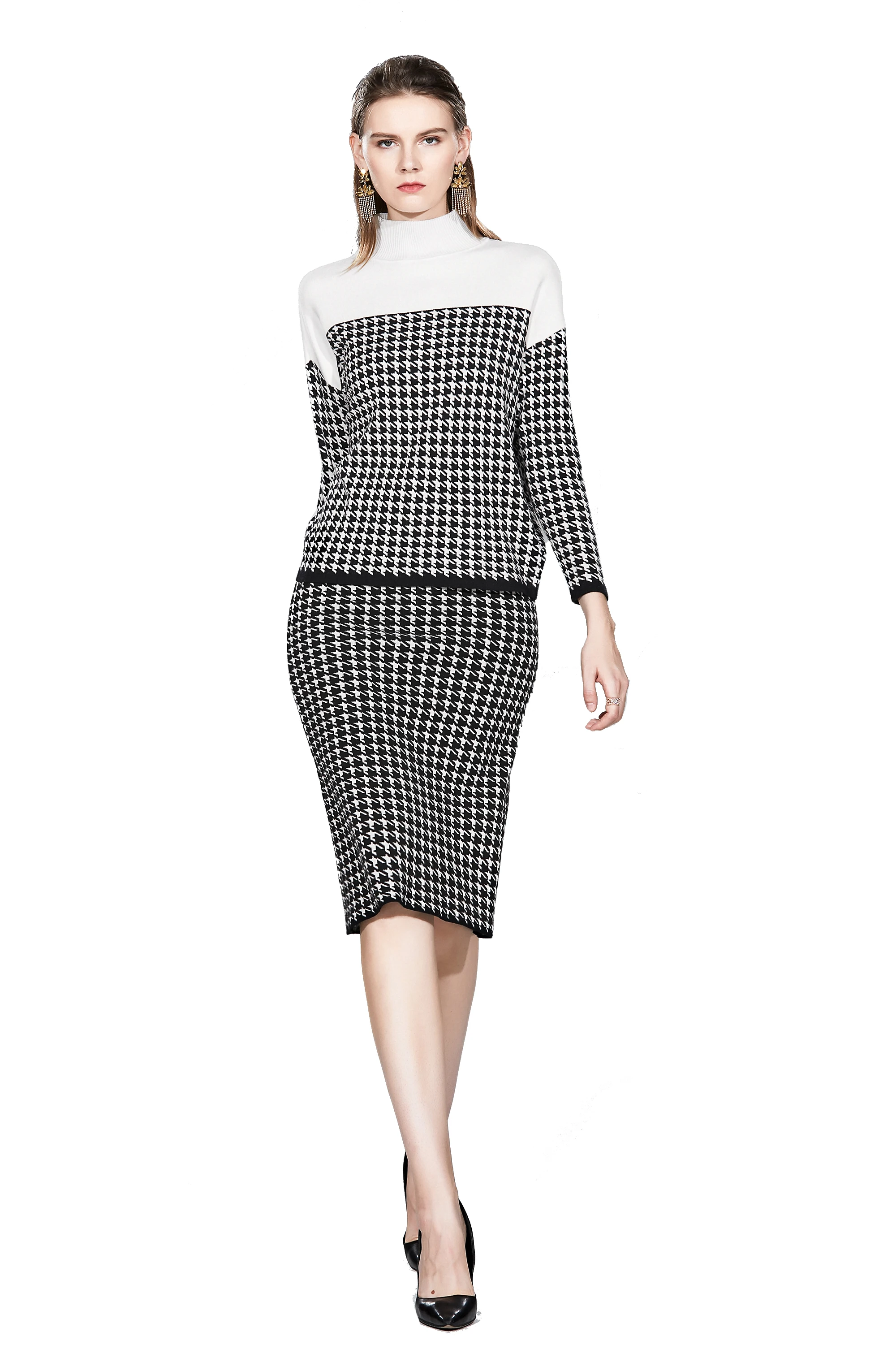 

Женский элегантный офисный комплект из двух предметов, трикотажный комплект из хлопка в клетку до середины икры с поясом на резинке, новинк...