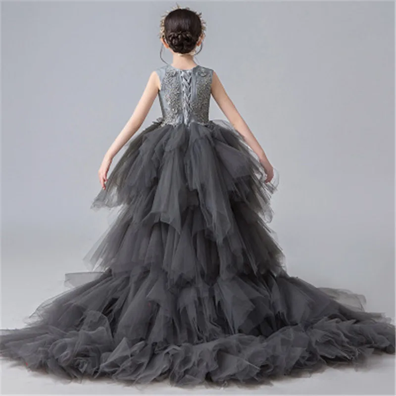 Серые платья с высоким и низким цветочным рисунком для девочек Свадебное бальное