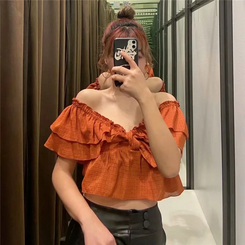 

ZA 2021 Plaid Cropped Ruffle Top Women Short Puff Sleeve Off Shoulder Sexy Summer Blouse Woman Chic Elastic Bow Pleat Shirt