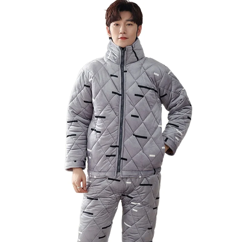 Men’s zipper quilted pajamas geometric patterns pajama sets warm homesuit flannel quilted 2 pieces long sleeve winter nightwear