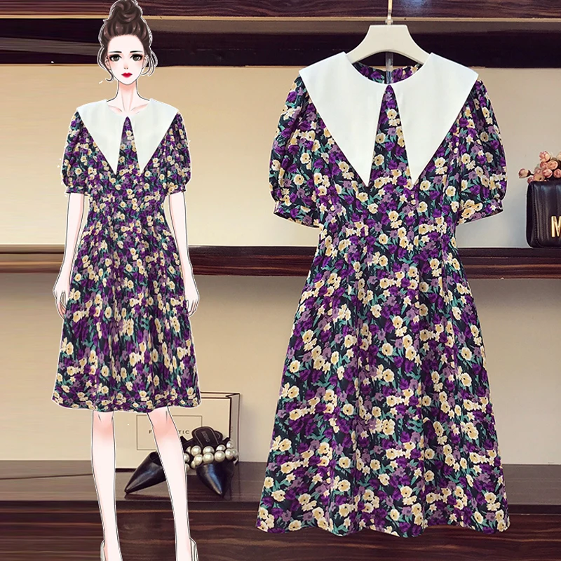 

4XL Plus Size Women Retro Floral Dress Summer 2021 Cute Peter Pan Collar Short Sleeve High Waist A-Line Ladies Print Dresses