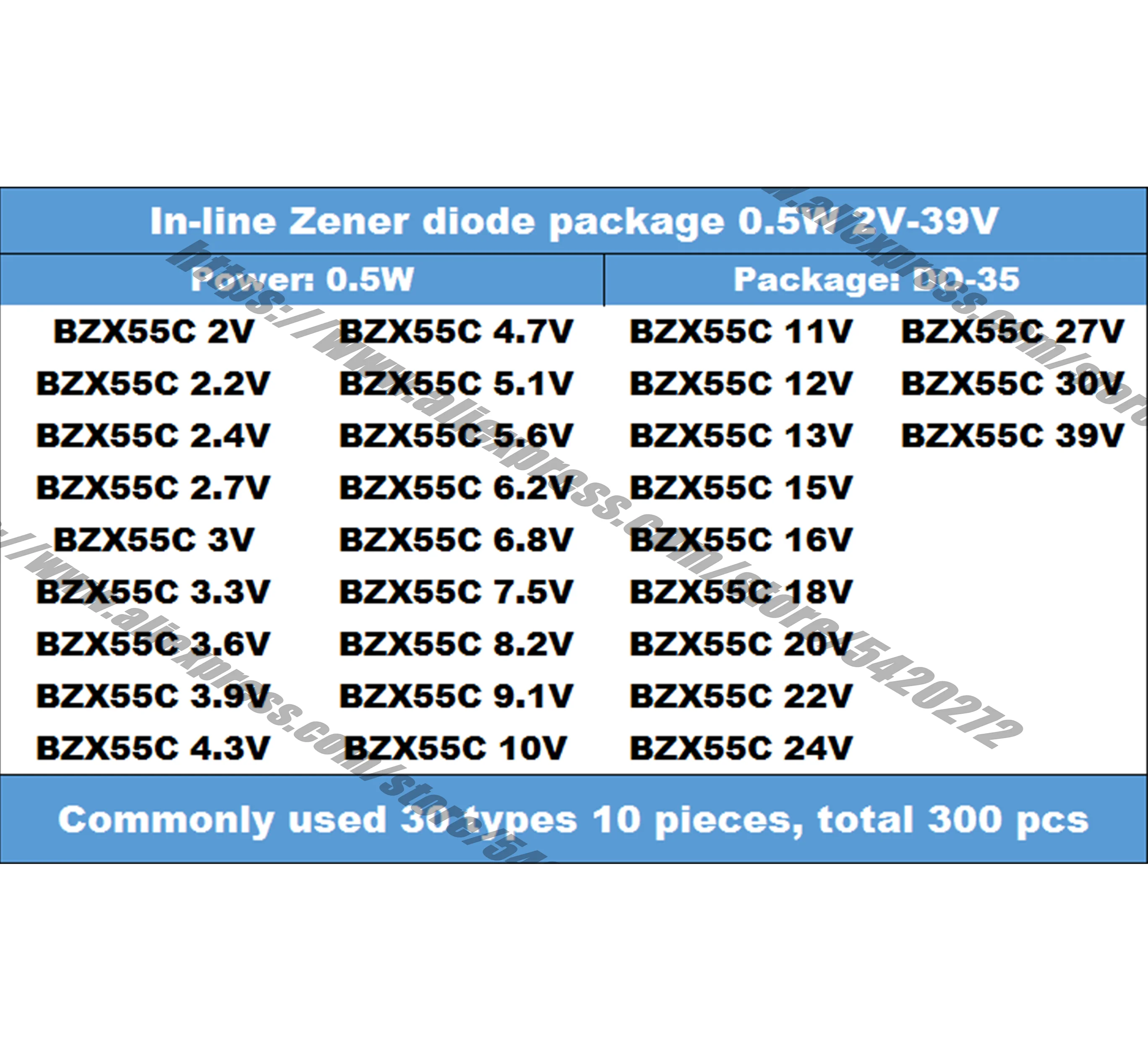 

In-line 0.5W stabilized diode package component package 0.5W 2V-39V 1/2W commonly used 30 kinds, a total of 300 kinds