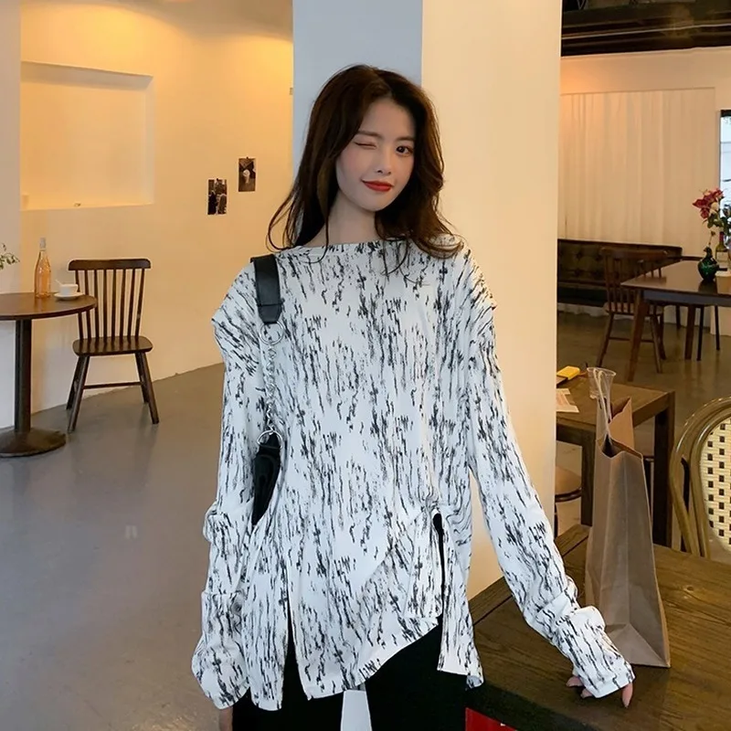 

2021 Spring Fall New Korean Women Round Neck Tops Slit Ink White Printing Base Shirt T-shirt Female Long Sleeve Harajuku Tshirt