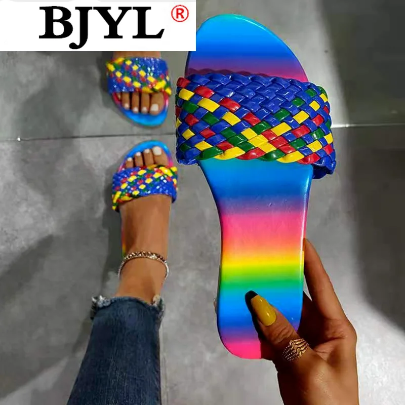 

2021 Summer Women's Shoes New Braided Belt Sandals Flat Fashion Shoes Women Slippers Beach Sandals Color Matching Open Toe Shoes