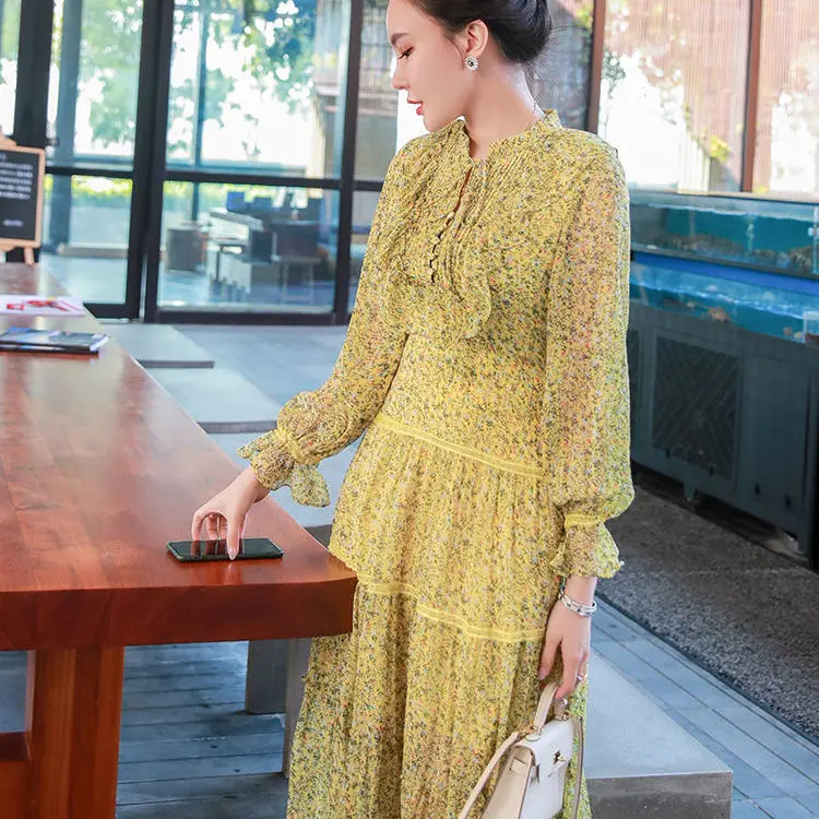 

Women 2021 Spring Autumn New Fashion Print Loose Dress Female Long Chiffon Dresses Ladies Stand Collar A-Line Vestidos L52