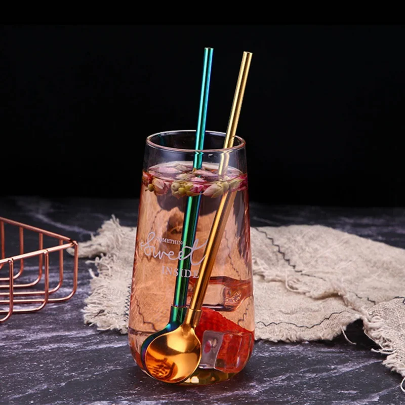 Stainless Steel Friendly Drinking Straw Spoon With Long Handle Milk Tea Spoon Kitchen Tableware Colorful Straw