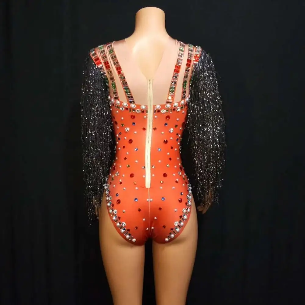 Women Stretch Rhinestone Jumpsuits Multicolour Tassels Long Sleeves Stage Bodysuits Pole Dance Leotard Jazz DJ Singer Outfits