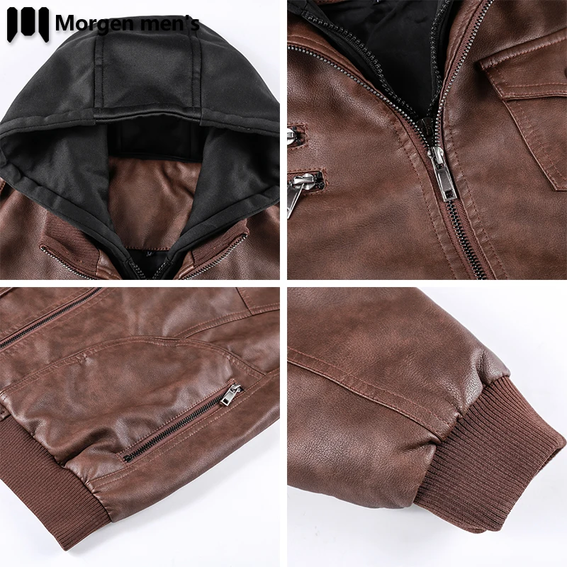 

2020 military jacket bomber men leather coat autumn winter Solid Color clothing bike casual full sleeve hat rib cuff