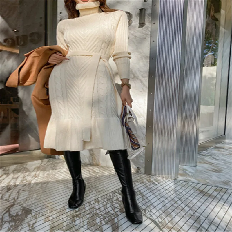 

chic winter thick comfort striped turtleneck sweater dress high waist simple solid termperament sweater dress 2020 winter
