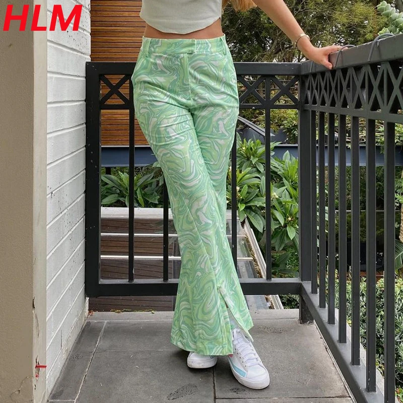 

HLM 2021 Fashion High-Waisted Sexy Wide Leg Pant Women Summer Green Woven Slim Fit Vintage Flared Pants Pantalones De Mujer