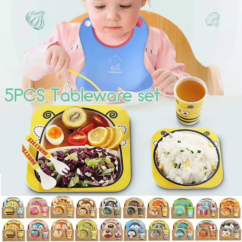 

Sales New 5pcs baby natural bamboo tableware bamboo bowl baby feeding tableware children cute cartoon new year gift bowl set