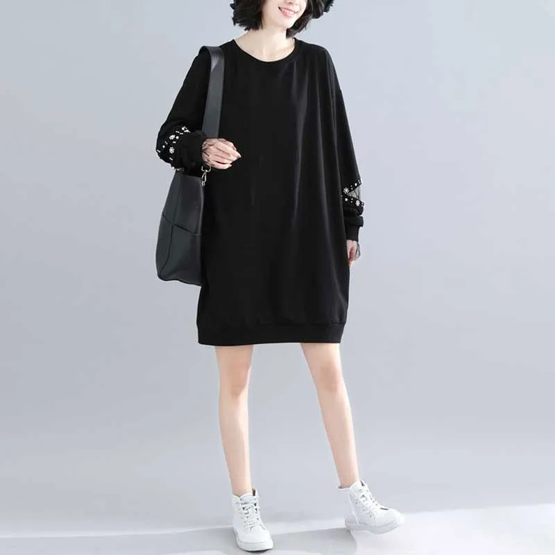 Женское Повседневное платье черное однотонное свободное удобное с круглым