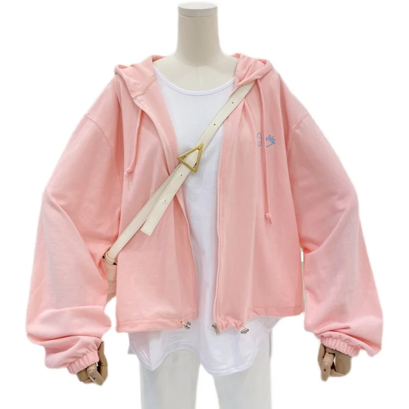 

Korean Style 2021 Spring Hooded Smiley Printed Drawstring Zipper Short Coat Women's Sweater Loose Long Sleeve Top