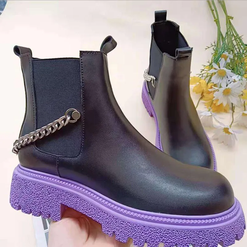 

Women's Short Boots Black Metal Chain Fashion Woman Ankle Boot Shoes PU Leather Platform Luxury Chelsea Boots Winter PL0239
