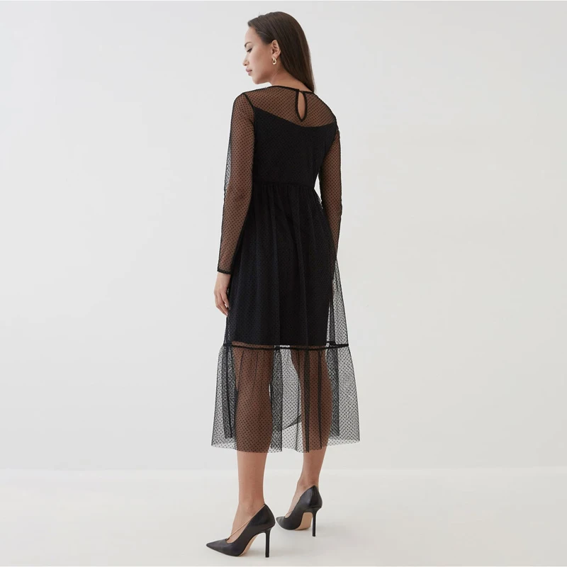 

Sexy Mesh Midi Dress Women Long Sleeve o Neck Elegant Fashion a Line Party Club Black Dress For Party 2021 New Spring