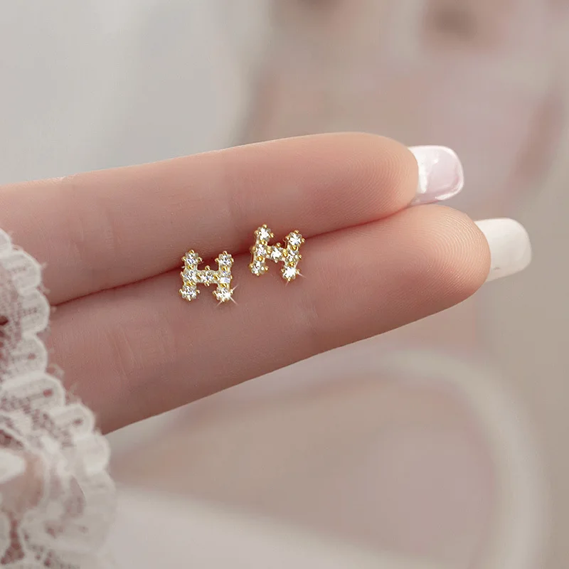 925 Sterling Silver Zircon Letter H Shape Gold Color Stud Earrings For Women Girls Minimalist Jewelry eh1247