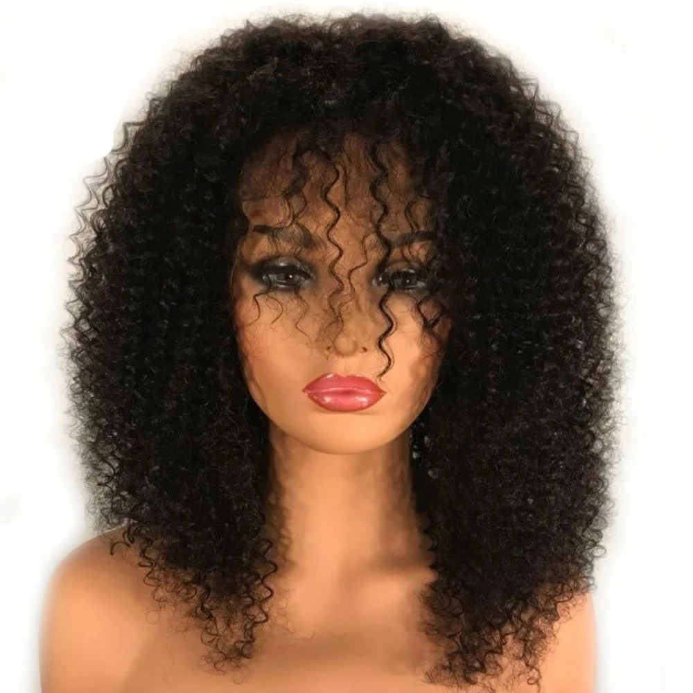 Peluca Afro rizada de cuero cabelludo con flequillo, 200% de densidad, cabello humano mongol Remy, Top de seda, pelucas completas a máquina, Base de piel O parte