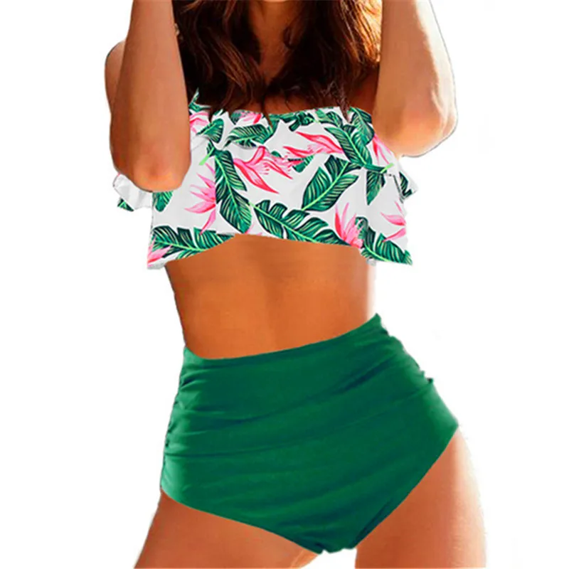 Women High Waist Bikini Swimsuit Plus Size Bathing Suit Vintage Print Large Two Piece Tankini Ruffle Waisted Swimwear 2019 XXXL |