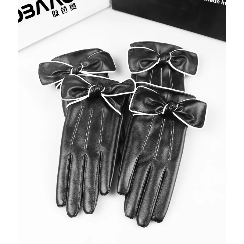 Кожаные перчатки женские зимние мотоциклетные теплые бархатные толстые