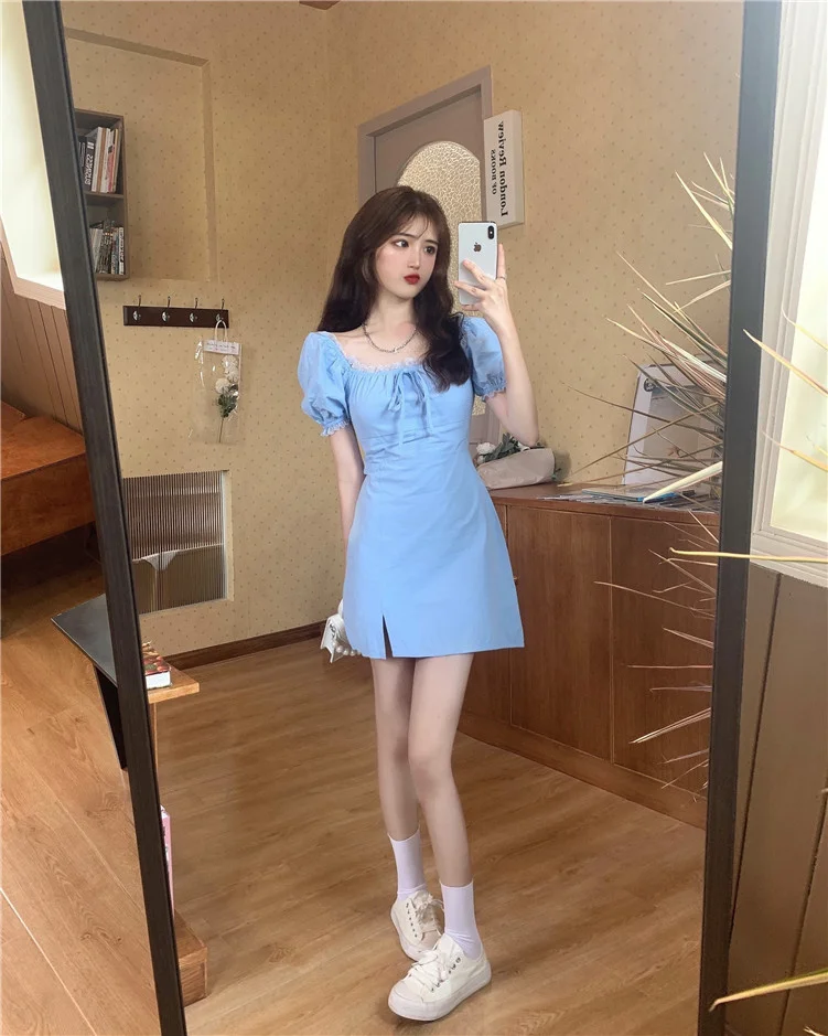 

2021 Spring New Lace Waist Dress Graceful Bow Split Square Collar Short Sleeve Skirt Women's Clothing