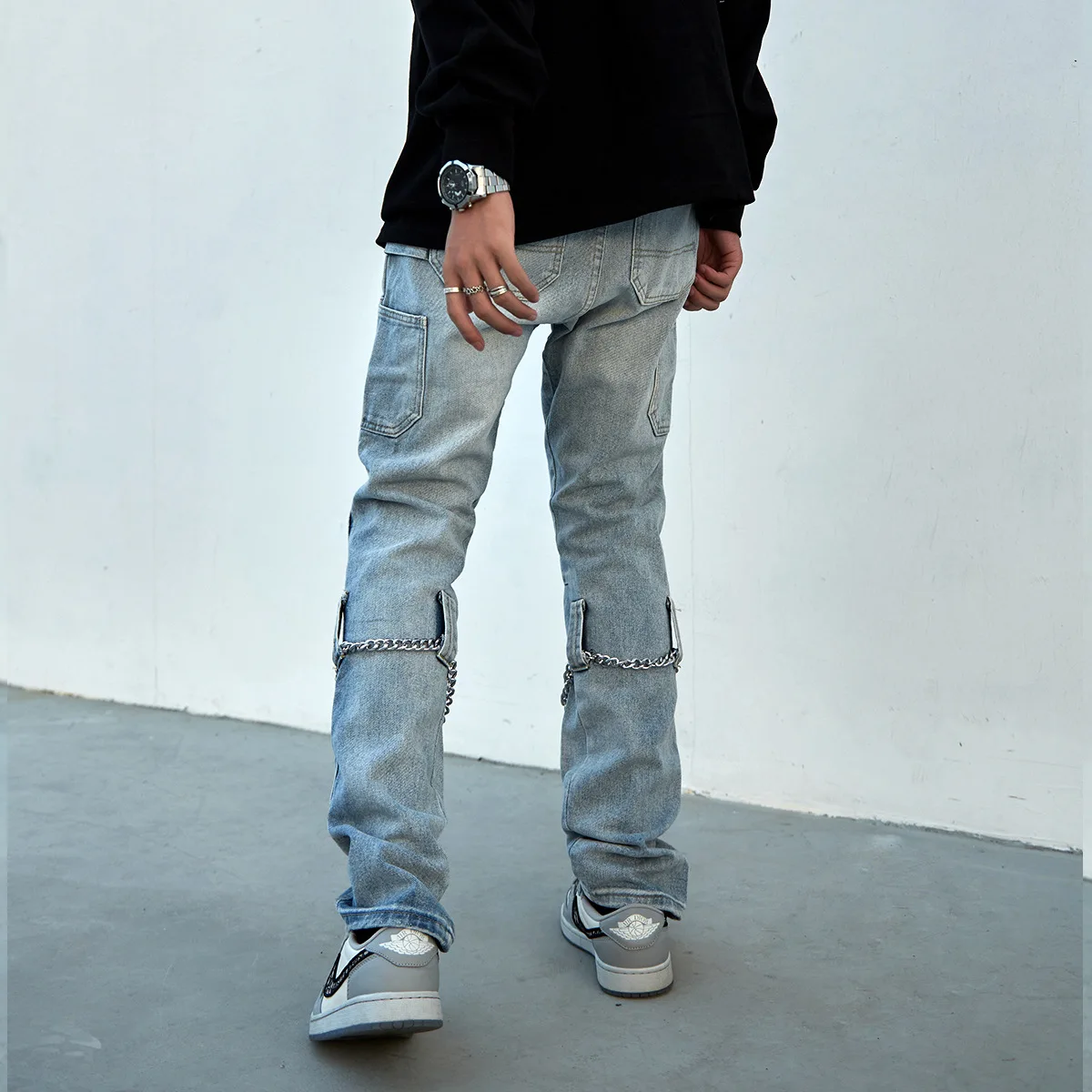 2021 Korean Fashion Chain Decoration Retro Washed Men Pencil Jeans Trousers Hip Hop Slim Casual Women Punk Denim Pants For Teens