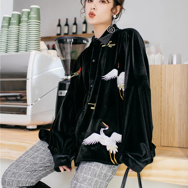 Рубашка LANMREM Женская с длинным рукавом и отложным воротником однотонная вышивкой