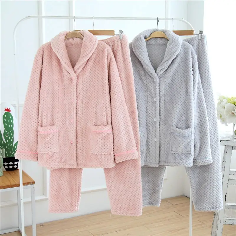 

Женский пижамный комплект, теплая Фланелевая пижама с длинными рукавами, розовый толстый домашний костюм, зима 2019