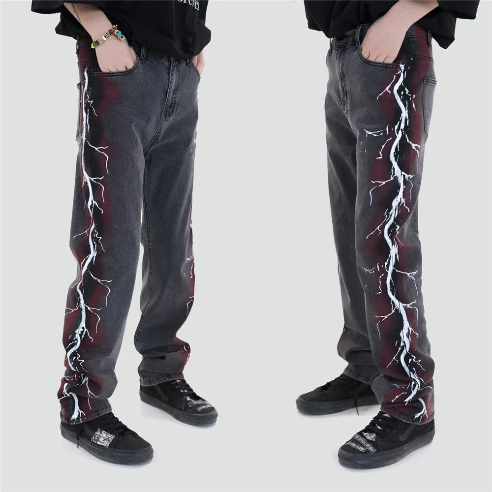 

Men's Jeans Washed Vintage Lightning Flashing Printing Oversized Hip Hop Casual Streetwear Grey Pants Trousers